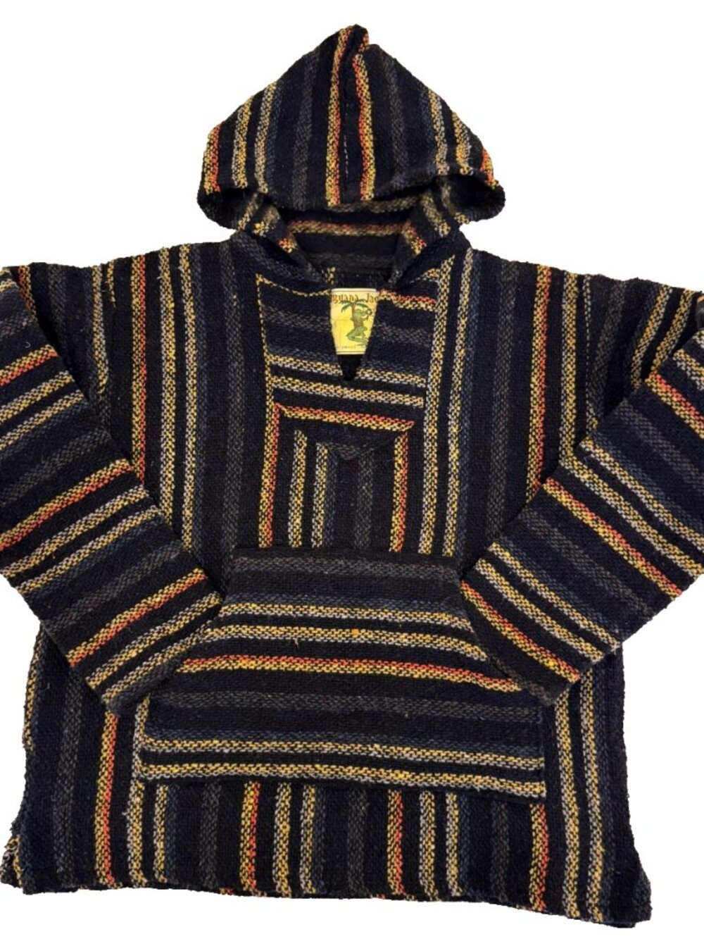 IGUANA JACK MEXICAN BAJA HOODIE PONCHO UNISEX SIZE SMALL NAVY BLUE YELLOW ORANGE